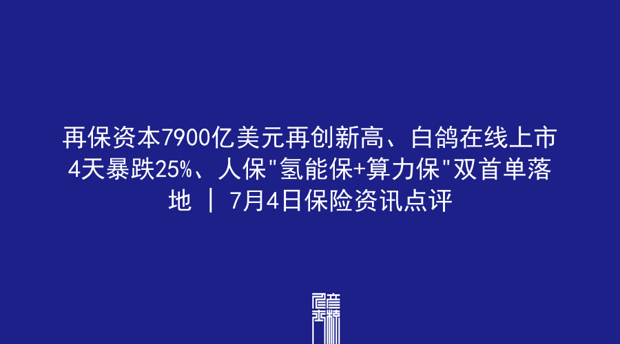 再保资本7900亿美元再创新高、白鸽在线上市4天暴跌25%、人保”氢能保+算力保”双首单落地 | 7月4日保险资讯点评